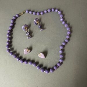 Purple Beaded Necklace and Two Pair Earrings